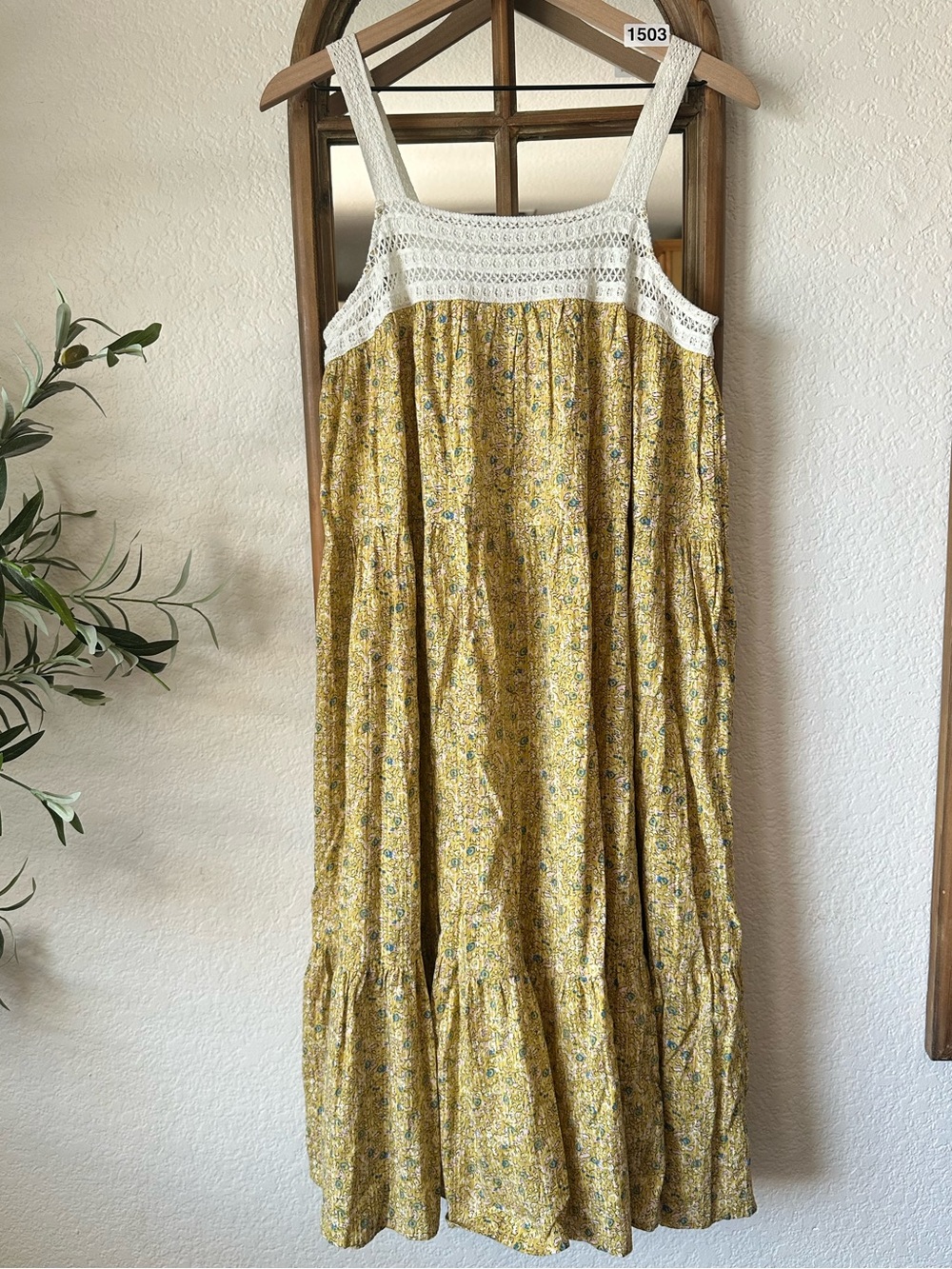 Universal Thread Yellow Floral Midi Dress with White Crochet Yoke